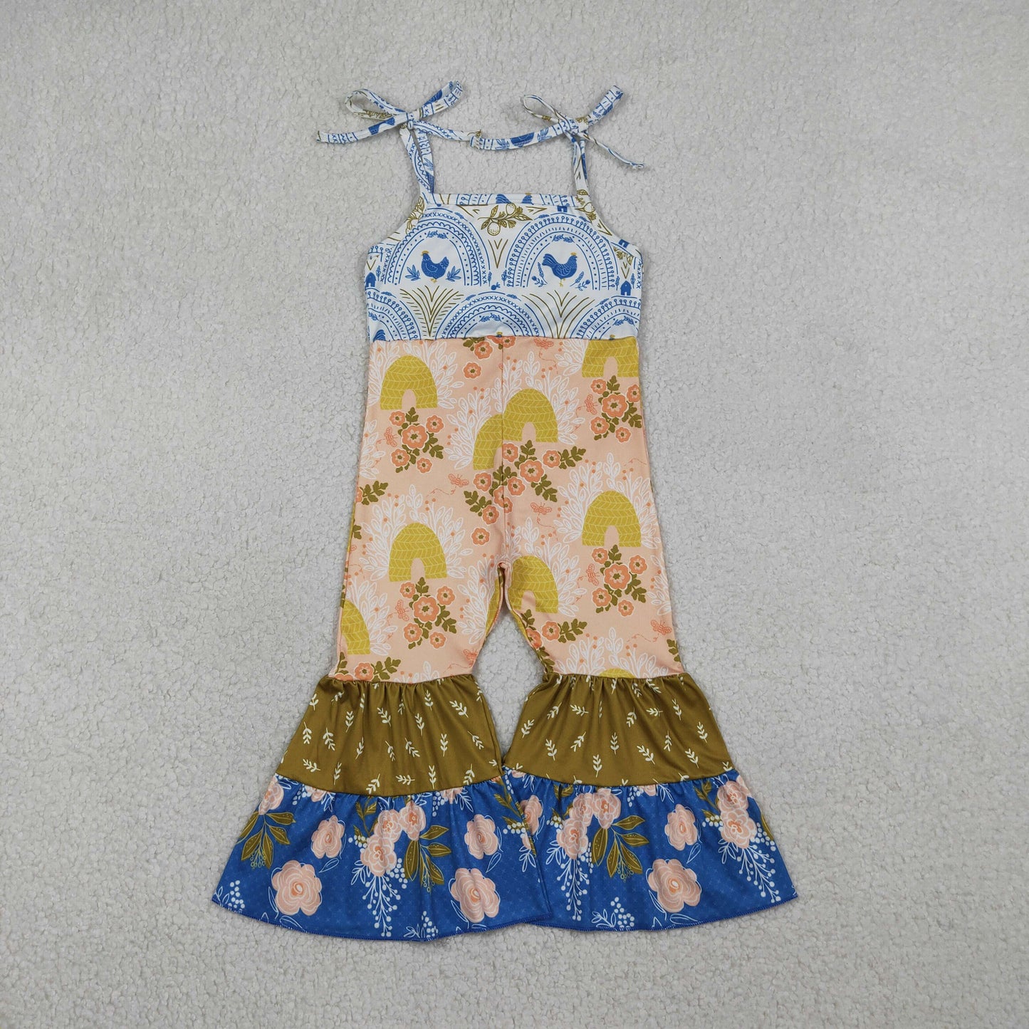1.20 RTS NO MOQ （In stock）SR3582 Baby Girls Strap Farm Chicks Flowers Patchwork Bell Bottom Jumpsuits