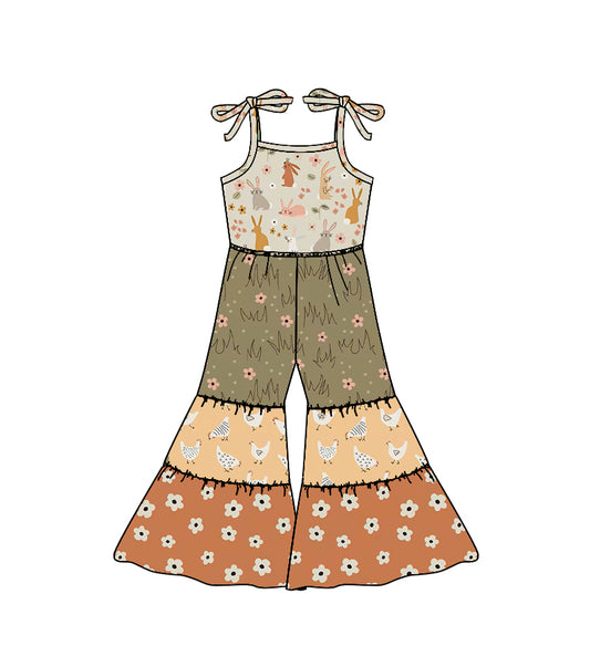 11.20 SR3583 Pre order No Moq Baby Girls Strap Rabbits Chicks Easter Patchwork Bell Bottom Jumpsuits