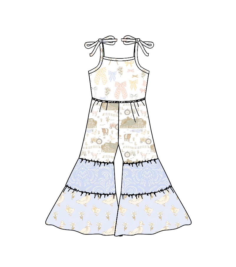 11.20 SR3586 Pre order No Moq Baby Girls Strap Farm Gooses Cows Patchwork Bell Bottom Jumpsuits