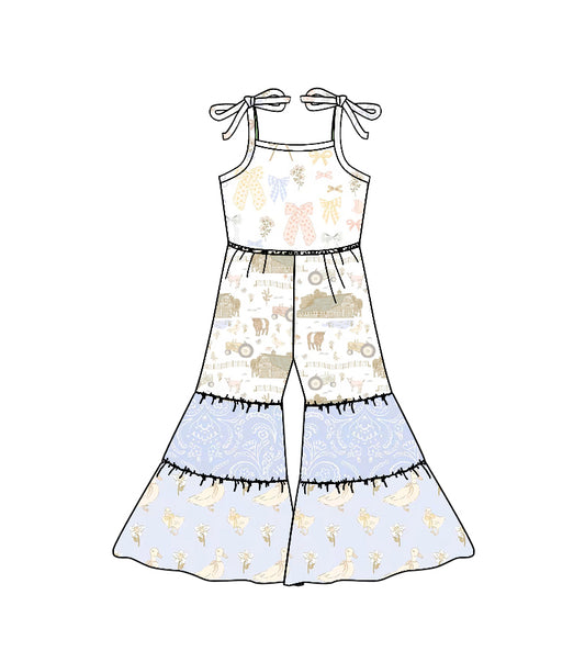 11.20 SR3586 Pre order No Moq Baby Girls Strap Farm Gooses Cows Patchwork Bell Bottom Jumpsuits