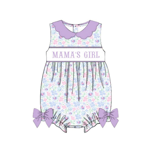 11.20 SR3591 Pre Order No moq Baby Girls Sleeveless Lavender Floral Mama's Girl Bows Collar Rompers
