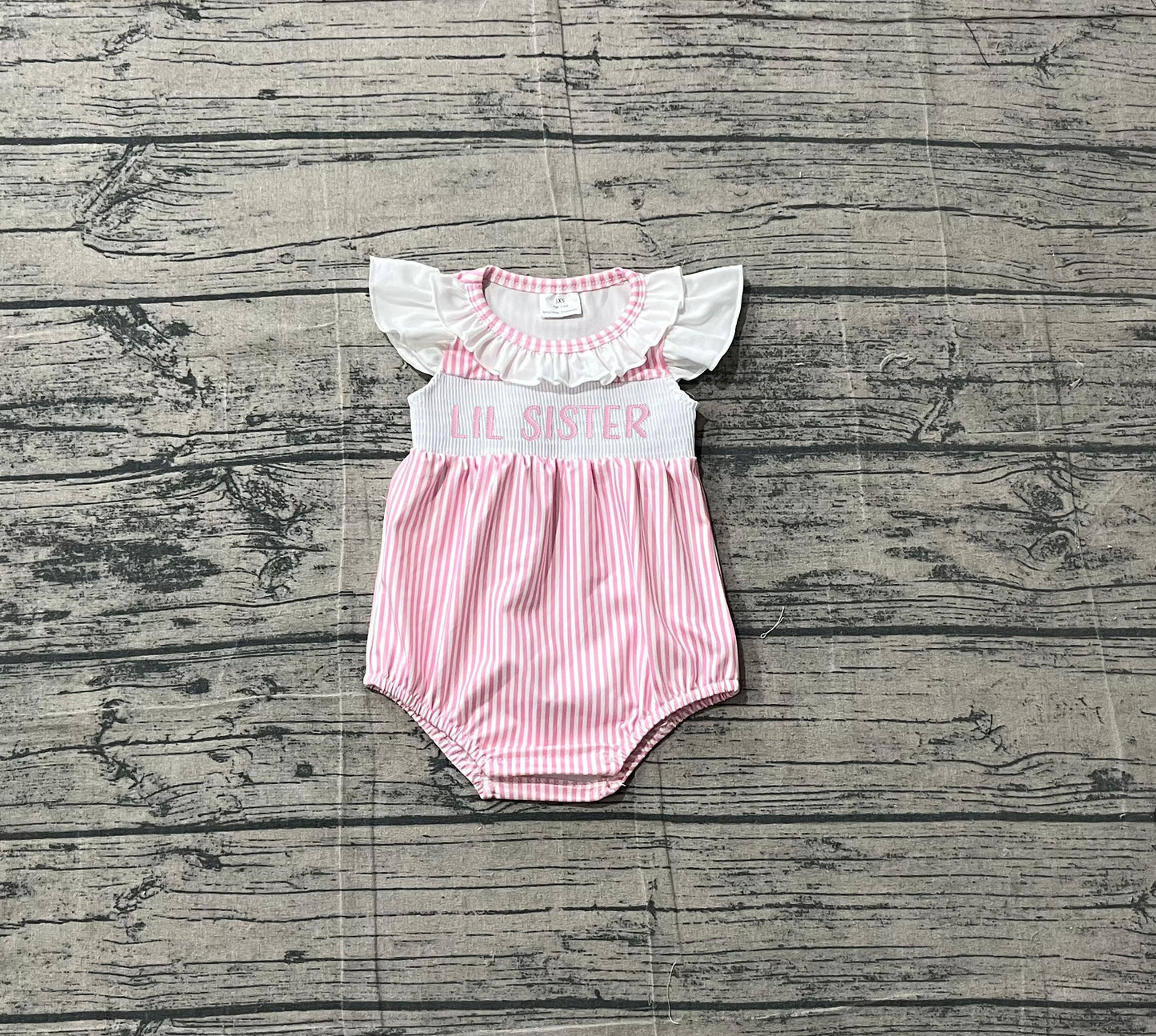 3.14 SR3593 Sample No Moq Baby Girls Summer Fashion Smocked Little Sister Pink Stripe Collar Ruffle Rompers