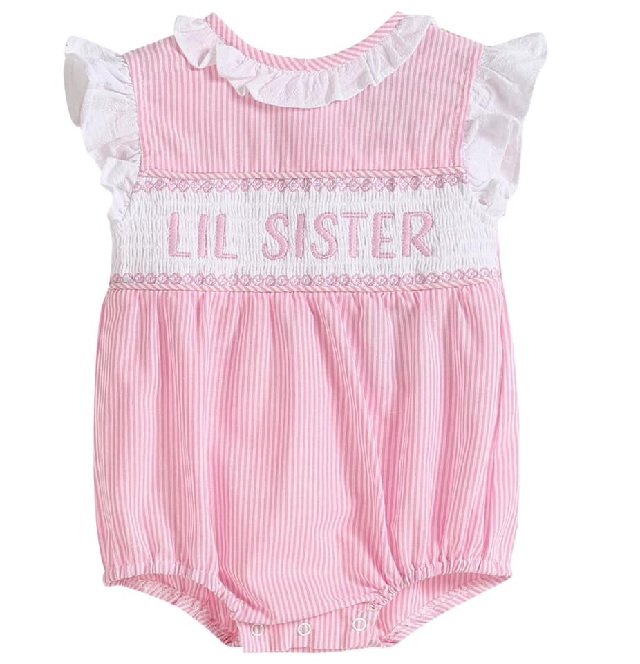 11.20 SR3593 Pre Order No moq Baby Girls Flutter Sleeve Pink Stripe Little Sister Collar Ruffle Rompers