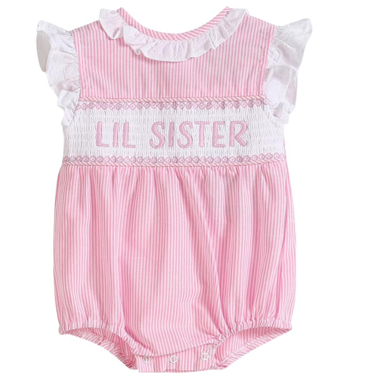 11.20 SR3593 Pre Order No moq Baby Girls Flutter Sleeve Pink Stripe Little Sister Collar Ruffle Rompers