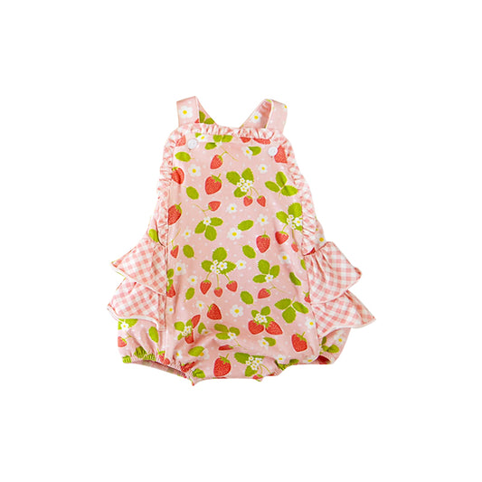 11.20 SR3595 Pre Order No moq Baby Girls Pink Strap Flowers Strawberry Bubbly Ruffle Rompers