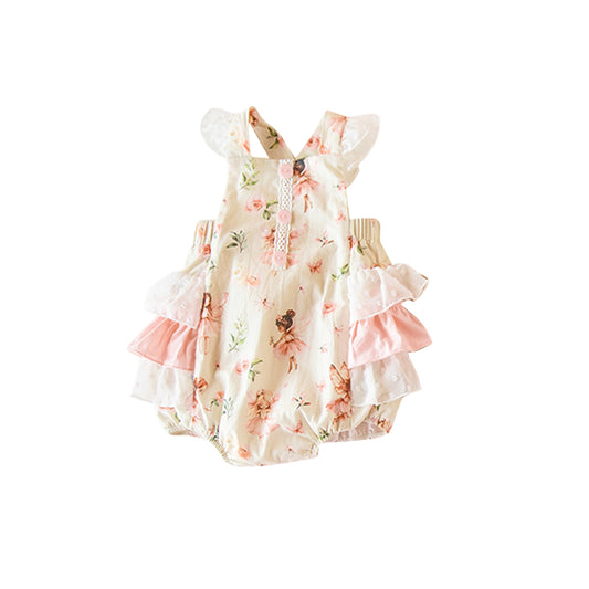11.20 SR3596 Pre Order No moq Baby Girls Flutter Sleeve Flowers Button Bubbly Ruffle Rompers
