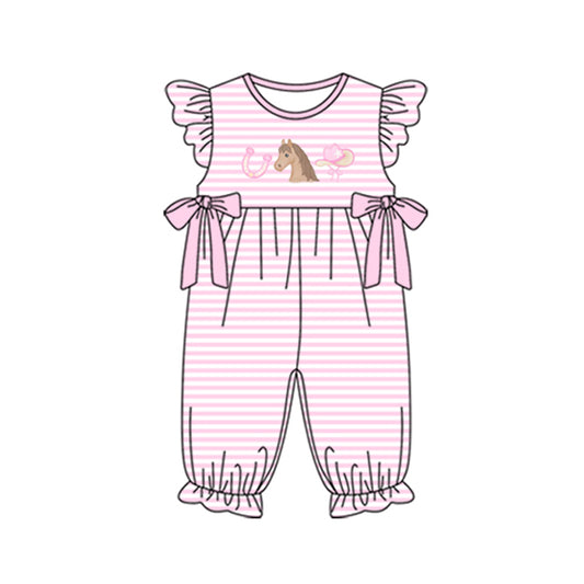 11.20 SR3597 Pre Order No moq Baby Girls Pink Stripe Horse Hats Bows Western Ruffle Footie Rompers
