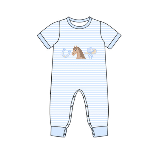 11.20 SR3598 Pre Order No moq Baby Boys Blue Stripe Horse Hats Western Short Sleeve Footie Rompers