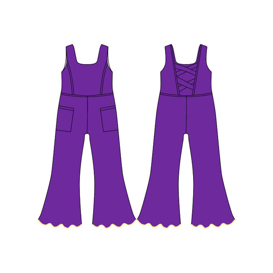 11.21 SR3599 Pre order No Moq Yoga fabric Baby Girls Purple Sleeveless Pockets Flare Pants Yoga Jumpsuits
