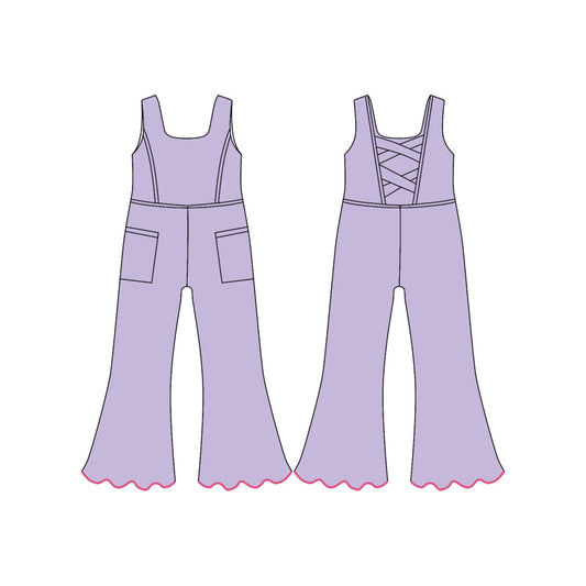 11.21 SR3600 Pre order No Moq Yoga fabric Baby Girls Lavender Sleeveless Pockets Flare Pants Yoga Jumpsuits