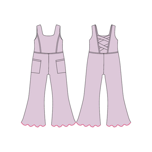 11.21 SR3601 Pre order No Moq Yoga fabric Baby Girls Light Pink Sleeveless Pockets Flare Pants Yoga Jumpsuits