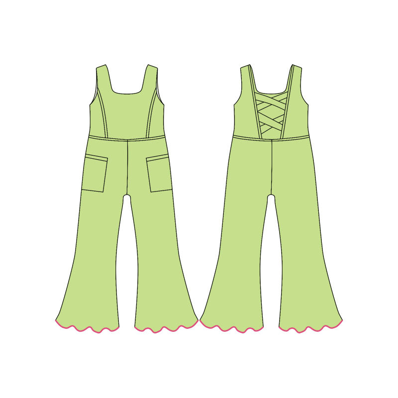 11.21 SR3604 Pre order No Moq Yoga fabric Baby Girls Green Sleeveless Pockets Flare Pants Yoga Jumpsuits