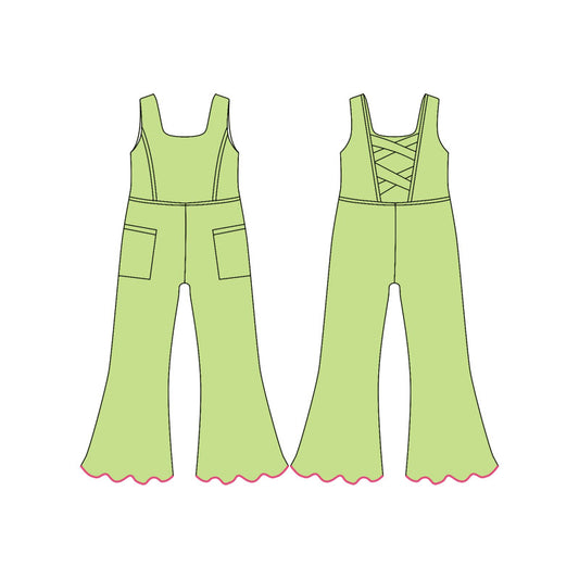 11.21 SR3604 Pre order No Moq Yoga fabric Baby Girls Green Sleeveless Pockets Flare Pants Yoga Jumpsuits