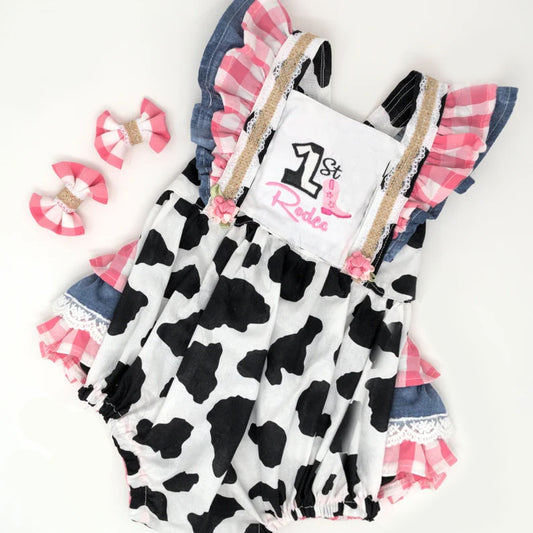 11.21 SR3605 Pre Order No moq Baby Girls 1 st Rodeo Boots Cow Print Western Bubbly Ruffle Rompers