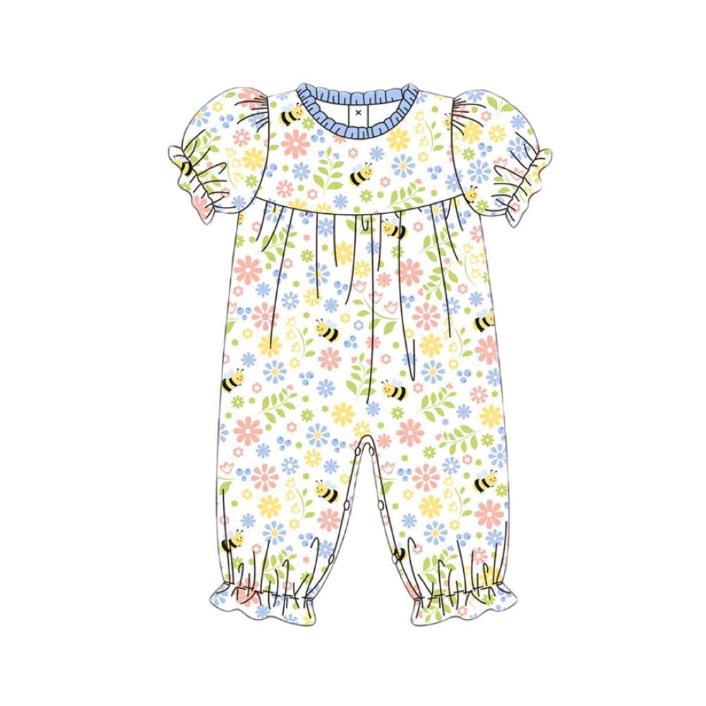 11.21 SR3607 Pre Order No moq Baby Girls Short Ruffle Sleeve Floral Bee Footie Rompers