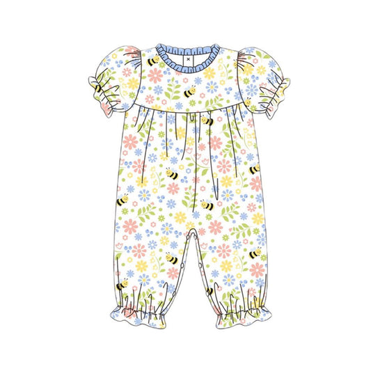 11.21 SR3607 Pre Order No moq Baby Girls Short Ruffle Sleeve Floral Bee Footie Rompers