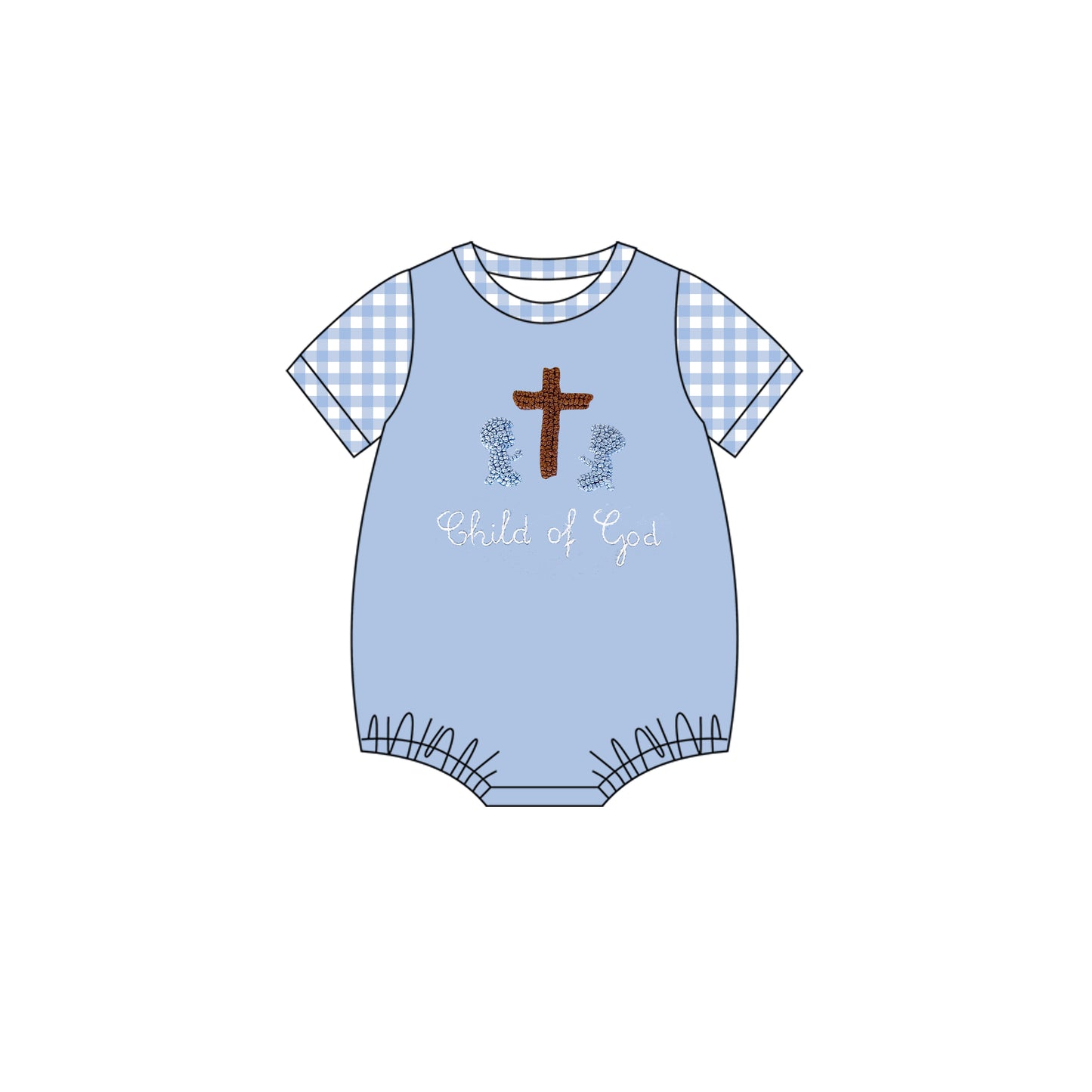 11.21 SR3619 Pre Order No moq Baby Boys Blue Short Sleeve Crosses Child of God Easter Rompers