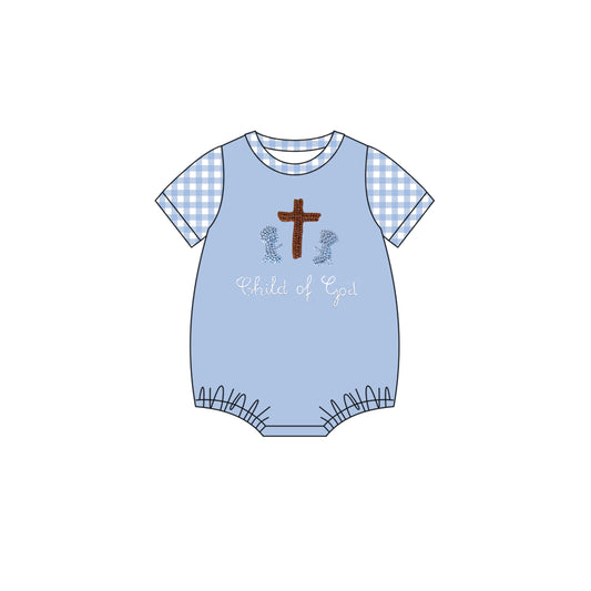 11.21 SR3619 Pre Order No moq Baby Boys Blue Short Sleeve Crosses Child of God Easter Rompers