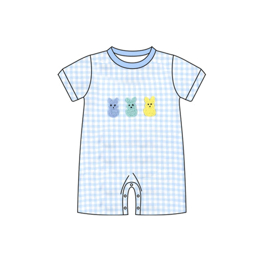 11.21 SR3621 Pre Order No moq Baby Boys Blue Checked Rabbits Easter Rompers