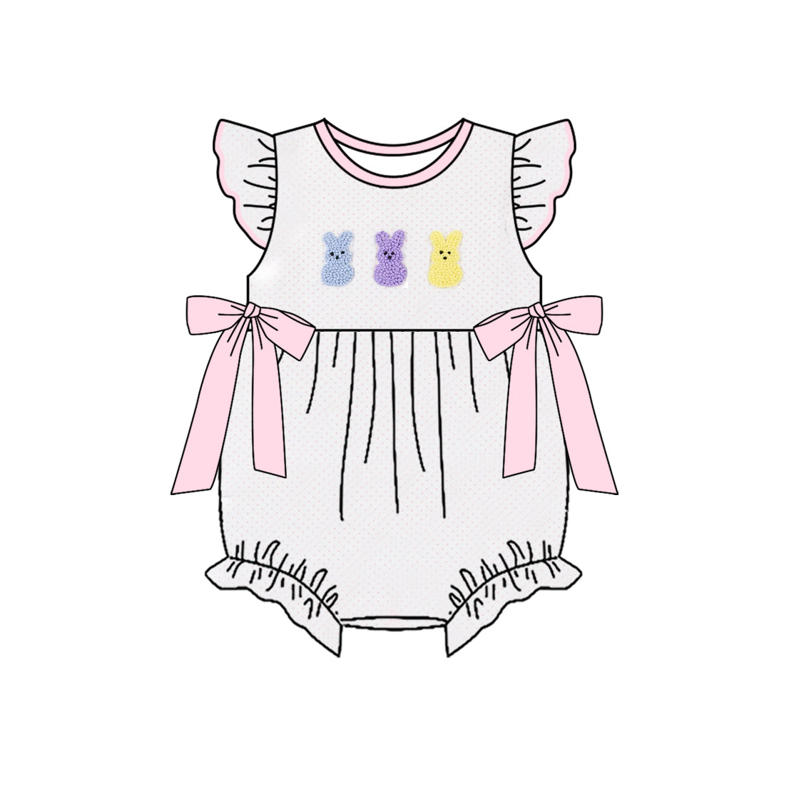 11.21 SR3622 Pre Order No moq Baby Girls Pink Polka Dots Rabbits Bows Easter Ruffle Rompers