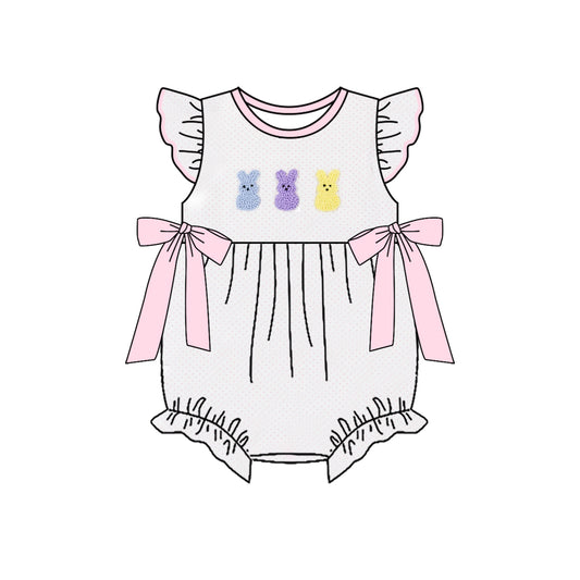 11.21 SR3622 Pre Order No moq Baby Girls Pink Polka Dots Rabbits Bows Easter Ruffle Rompers