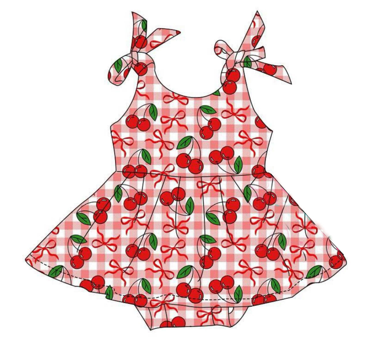11.21 SR3623 Pre Order No moq Baby Girls Red Checked Bows Cherry Tunic Bummies Ruffle Rompers