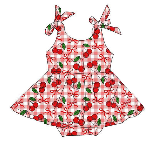 11.21 SR3623 Pre Order No moq Baby Girls Red Checked Bows Cherry Tunic Bummies Ruffle Rompers