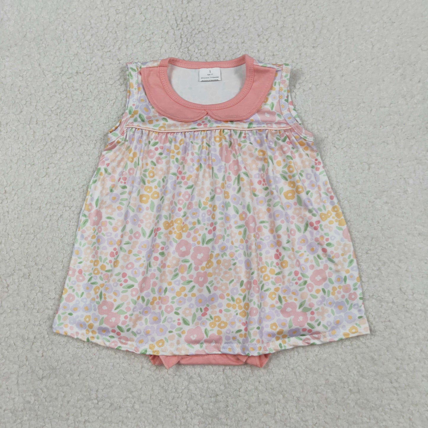 1.12 RTS NO MOQ （In stock）SR3628 Baby Girls Peach Floral Collar Tunic Bummies Ruffle Rompers