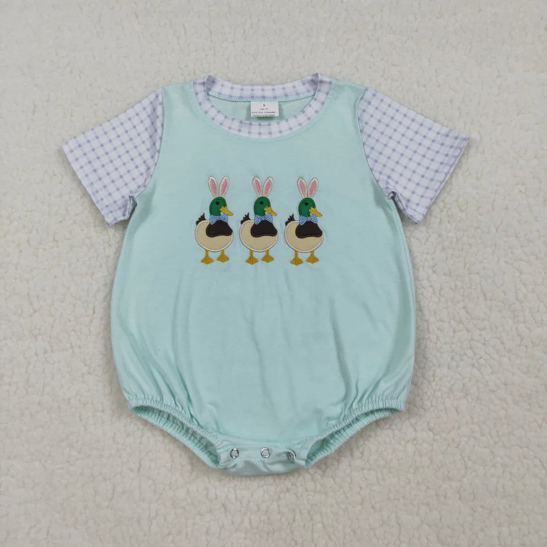 3.26 RTS Sibling Baby Boys Blue Embroidery Bunny Ducks Top Pockets Short Hunting Clothes Set Rompers
