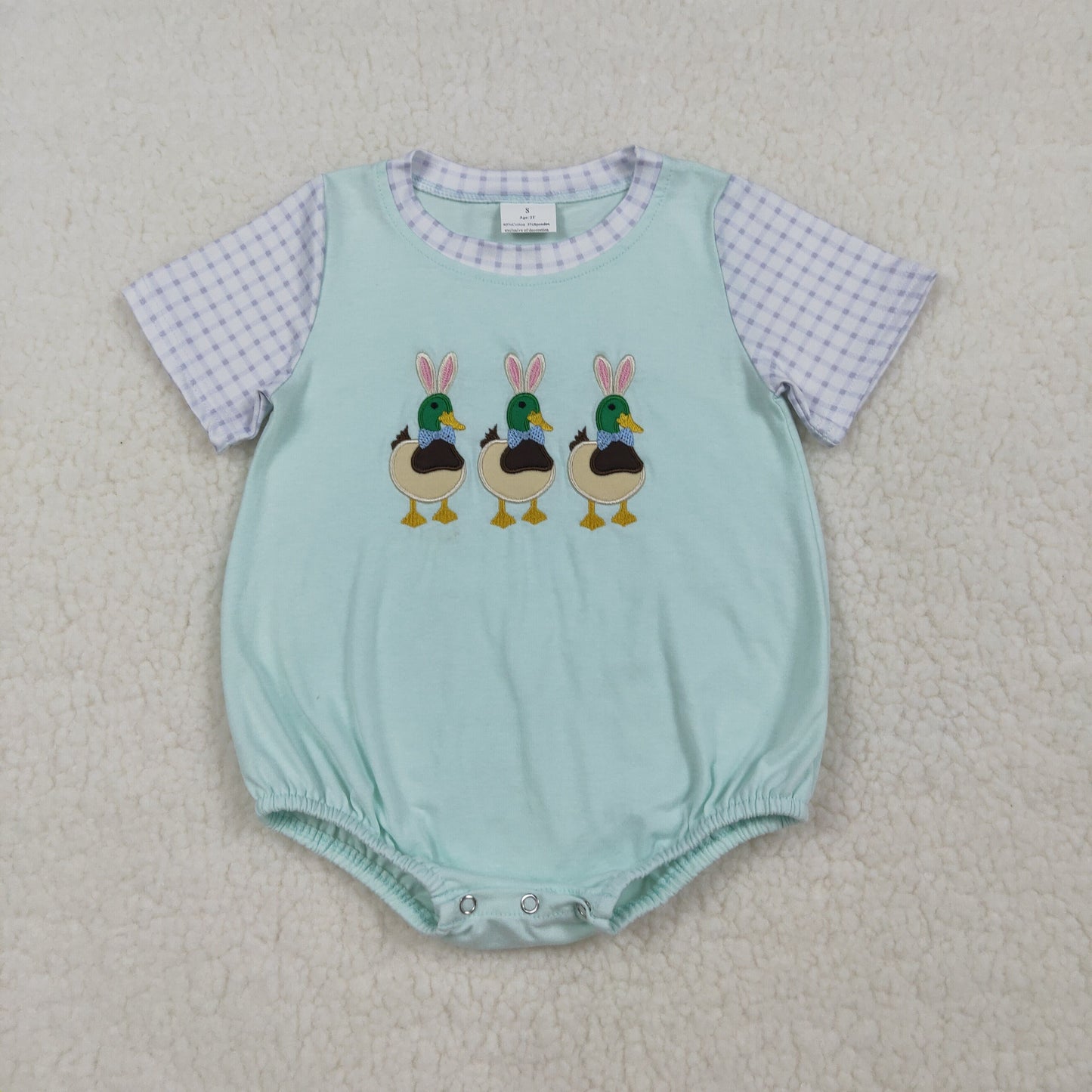 3.25 RTS NO MOQ （In stock）SR3893 Children's Fashion Romper Baby Boys Short Sleeve Embroidery Bunny Ducks Easter Hunting Rompers