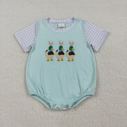 3.25 RTS NO MOQ （In stock）SR3893 Children's Fashion Romper Baby Boys Short Sleeve Embroidery Bunny Ducks Easter Hunting Rompers