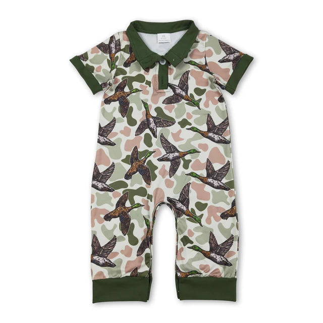 RTS Sibling Baby Boys Short Sleeve Southern Hunting Duck Dogs Deer Camo Button Rompers