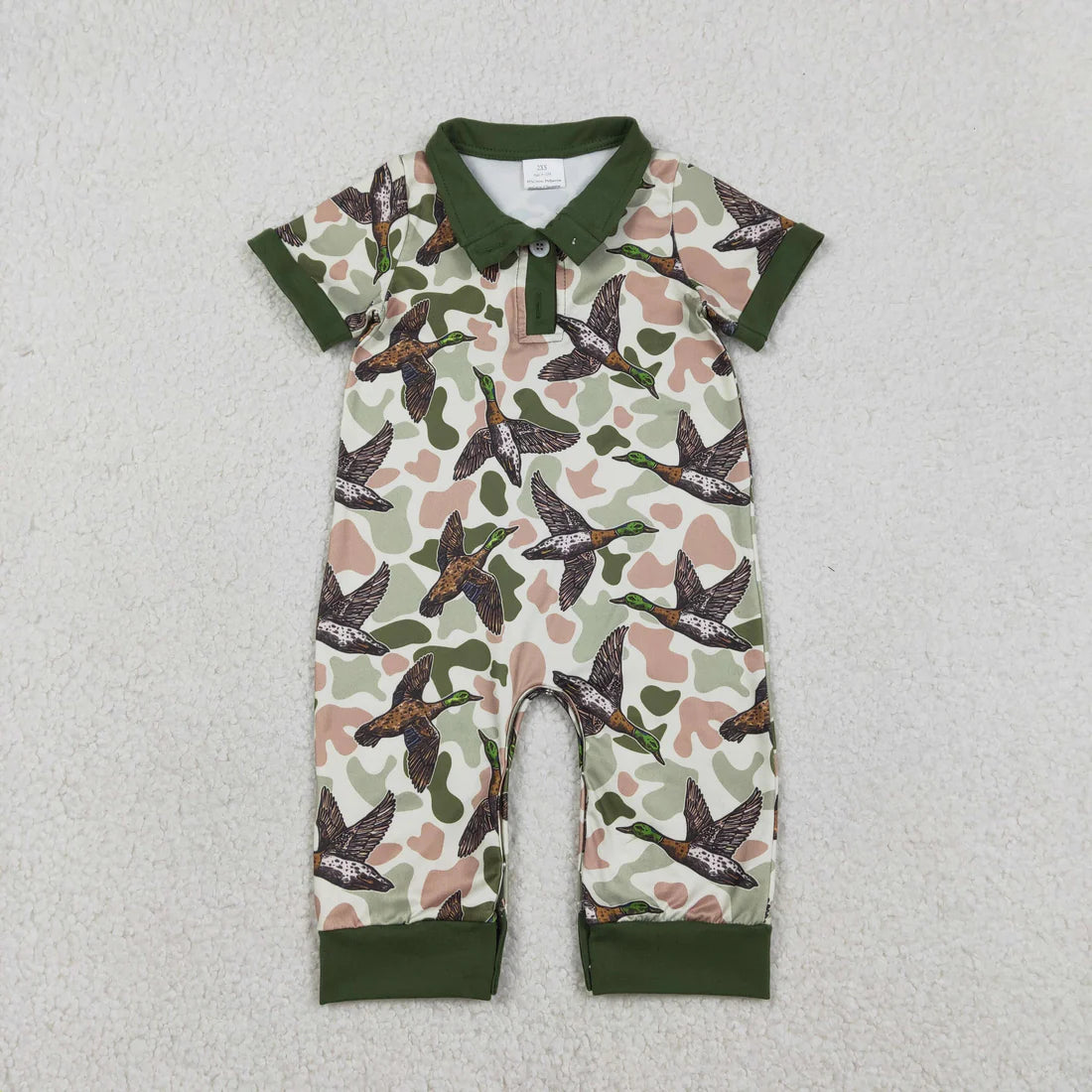 1.8 RTS Sibling Baby Boys Short Sleeve Southern Hunting Duck Dogs Deer Camo Button Rompers