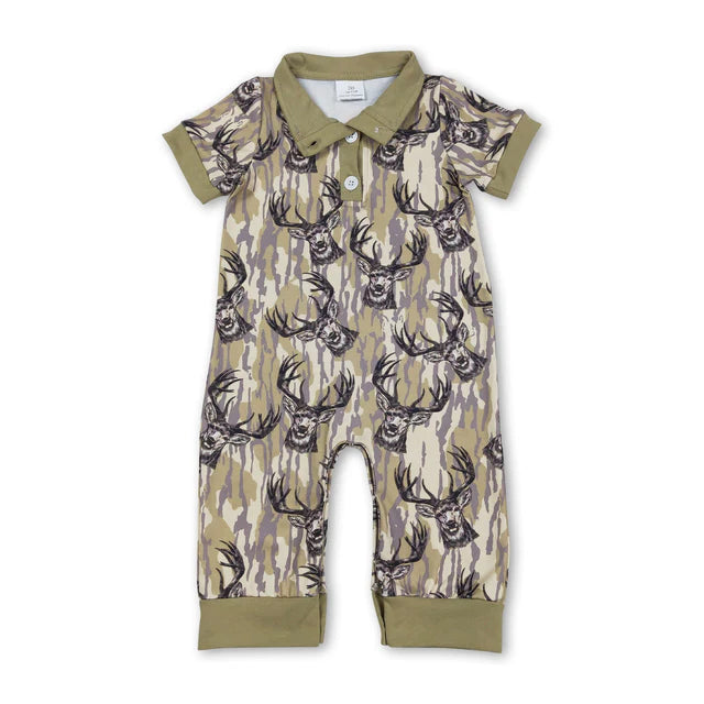RTS Sibling Baby Boys Short Sleeve Southern Hunting Duck Dogs Deer Camo Button Rompers