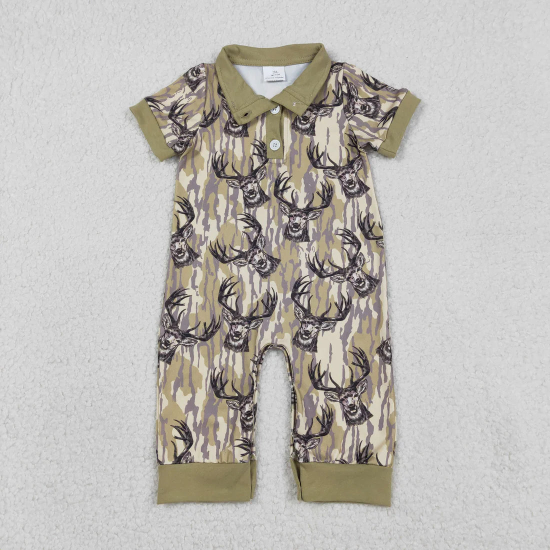 1.8 RTS Sibling Baby Boys Short Sleeve Southern Hunting Duck Dogs Deer Camo Button Rompers