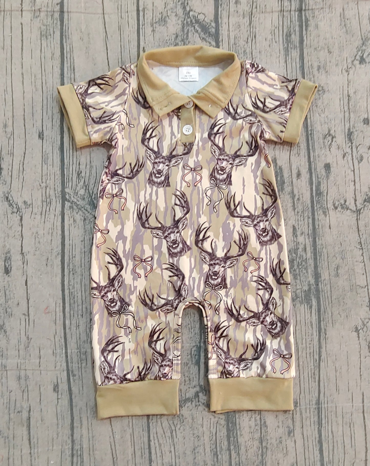 12.8 SR3635 Sample No Moq Baby Girls Bows Deer Camo Hunting Button Footie Rompers