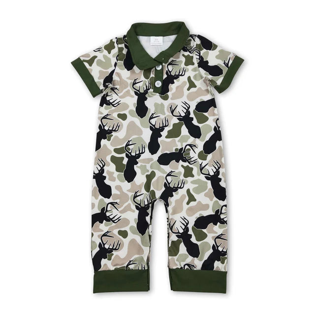 RTS Sibling Baby Boys Short Sleeve Southern Hunting Duck Dogs Deer Camo Button Rompers