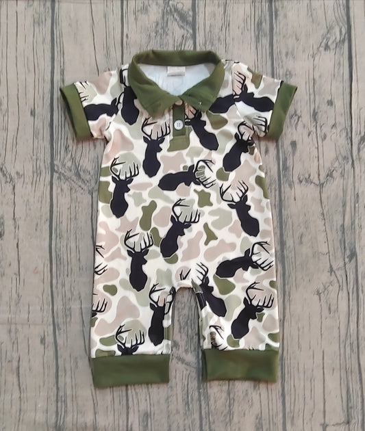12.8 SR3636 Sample No Moq Baby Boys Deer Camo Hunting Button Footie Rompers