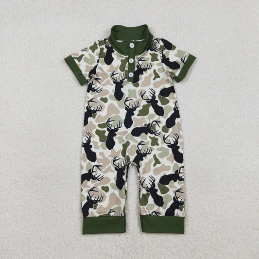 1.6 RTS NO MOQ （In stock）SR3636 Baby Boys Rompers Baby Boys Green Deer Camo Button Southern Hunting Rompers