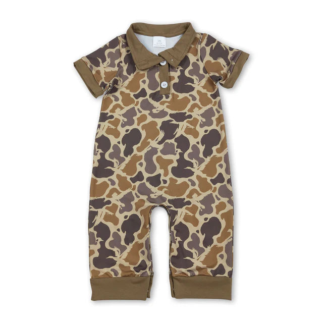 RTS Sibling Baby Boys Short Sleeve Southern Hunting Duck Dogs Deer Camo Button Rompers