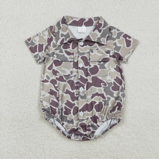 12.29 RTS NO MOQ （In stock）SR3652 Baby Boys Rompers Baby Boys Southern Grey Camo Button Pockets Rompers