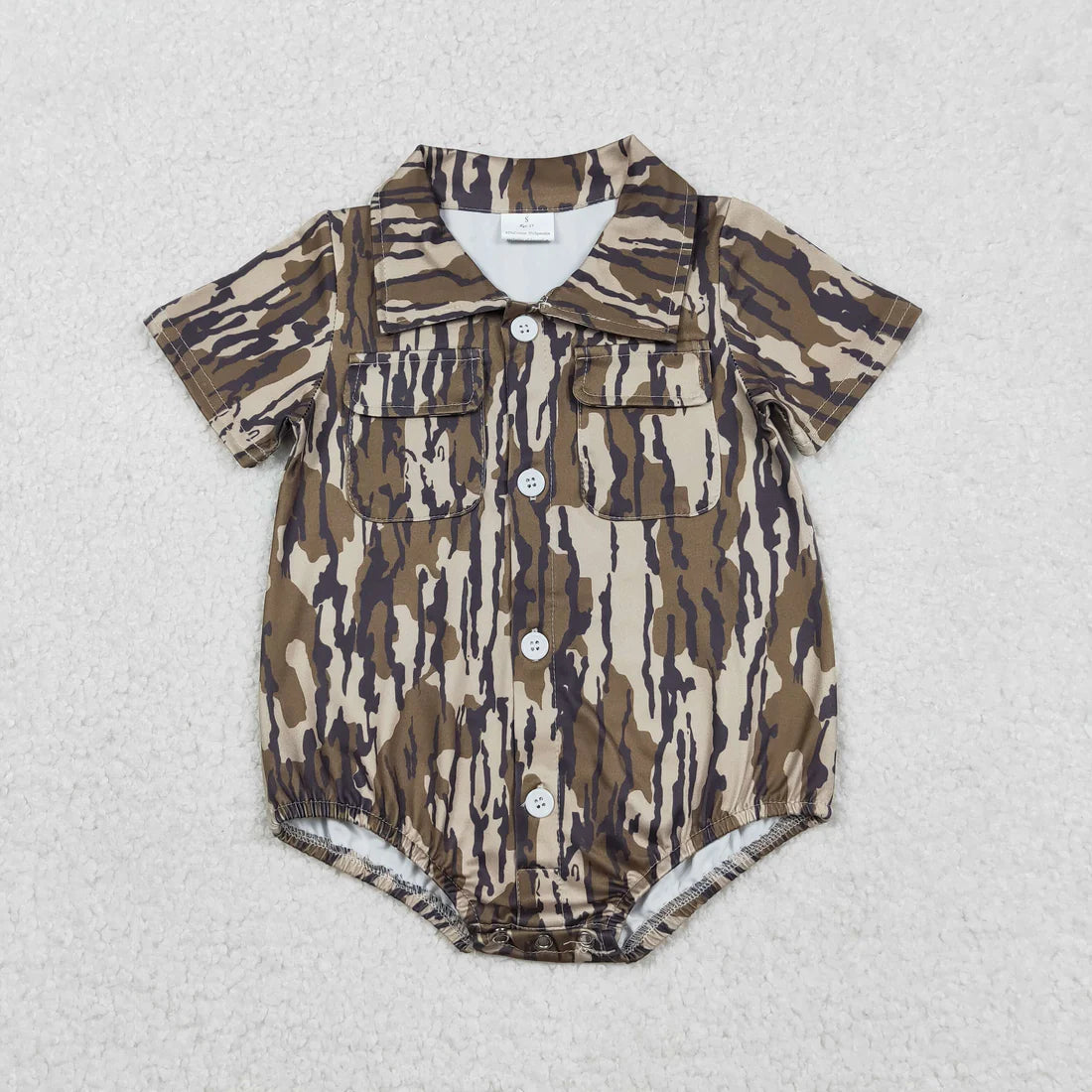 12.17 RTS Sibling Baby Boys Southern Camo Button Pockets Hunting Rompers