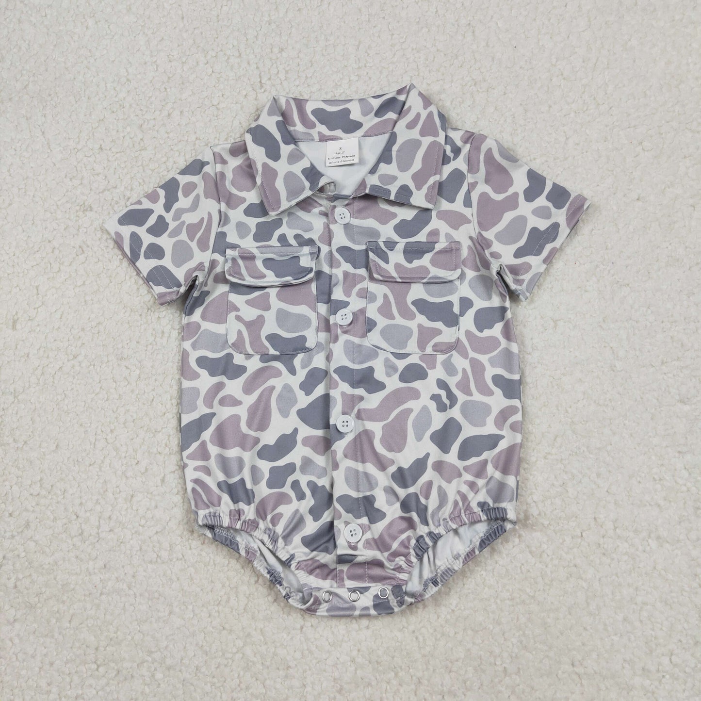 12.23 RTS NO MOQ （In stock）SR3654 Baby Boys Southern Light Grey Camo Button Pockets Rompers