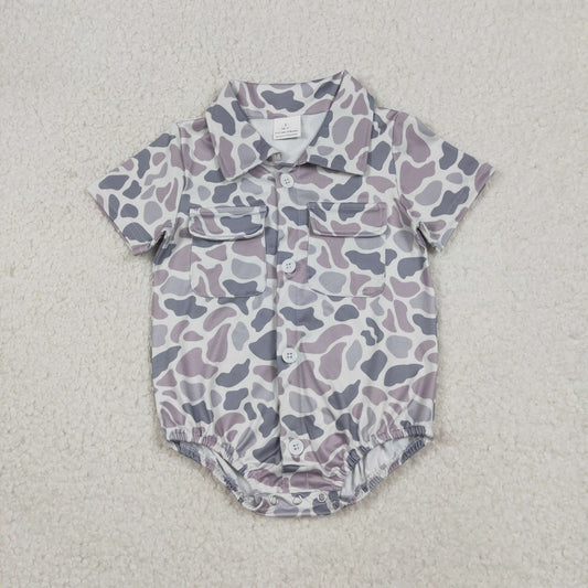 12.23 RTS NO MOQ （In stock）SR3654 Baby Boys Southern Light Grey Camo Button Pockets Rompers