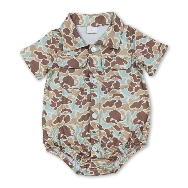 RTS Sibling Baby Boys Southern Camo Button Pockets Hunting Rompers