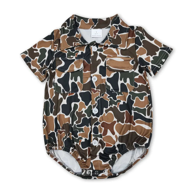 RTS Sibling Baby Boys Southern Camo Button Pockets Hunting Rompers