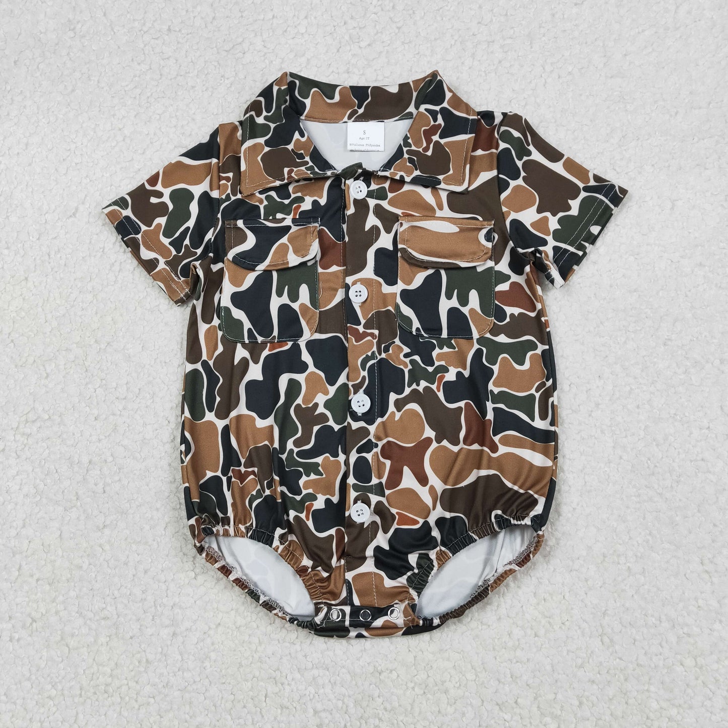12.29 RTS NO MOQ （In stock）SR3656 Baby Boys Rompers Baby Boys Southern Dark Brown Camo Button Pockets Rompers