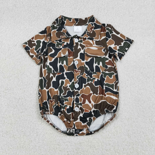 12.29 RTS NO MOQ （In stock）SR3656 Baby Boys Rompers Baby Boys Southern Dark Brown Camo Button Pockets Rompers
