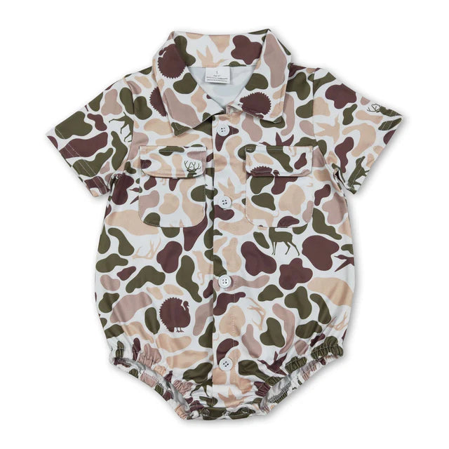 RTS Sibling Baby Boys Southern Camo Button Pockets Hunting Rompers