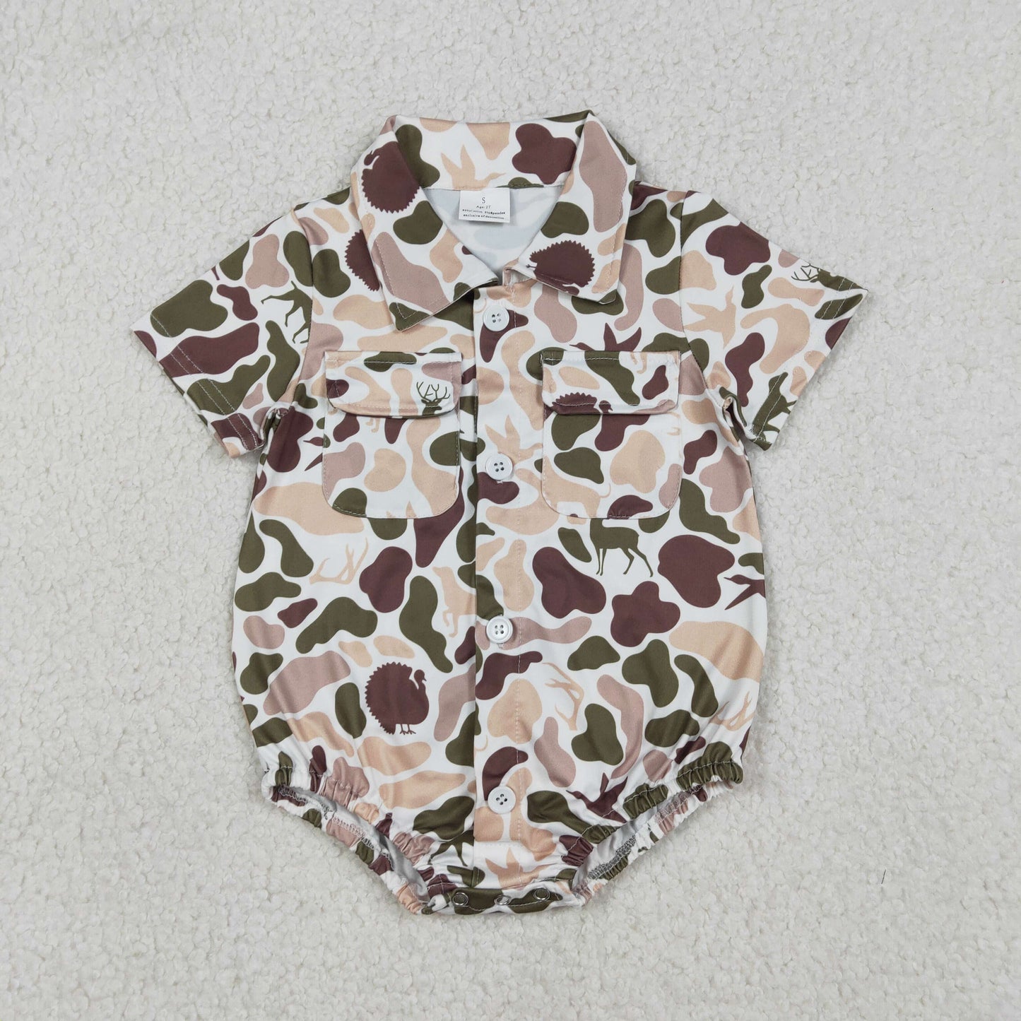 12.24 RTS NO MOQ （In stock）SR3657 Baby Boys Rompers Baby Boys Dogs Ducks Deer Camo Button Pockets Hunting Romper